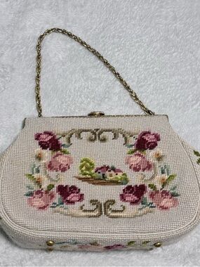 Vintage 50s Needlepoint House Floral Footed Purse Handbag